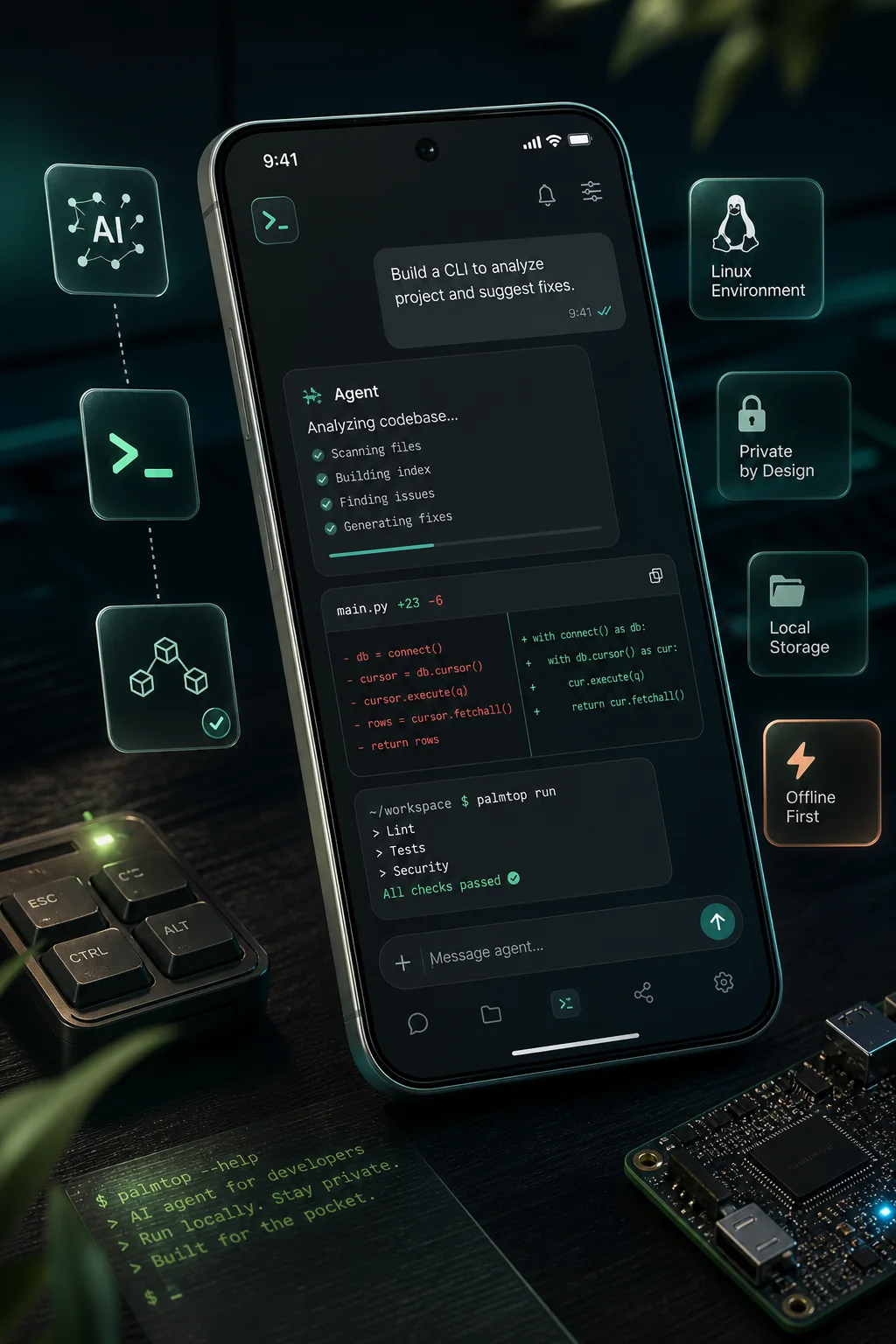Interfaz de proyectos y agente de IA de Palmtop en un teléfono Android